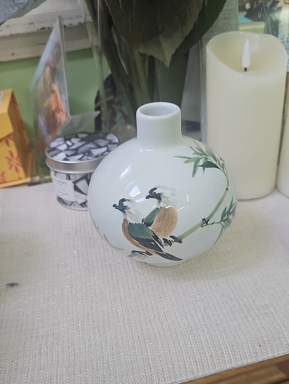 Vintage 1970s Jingdezhen Chinese Porcelain Bird & Bamboo Globe Vase